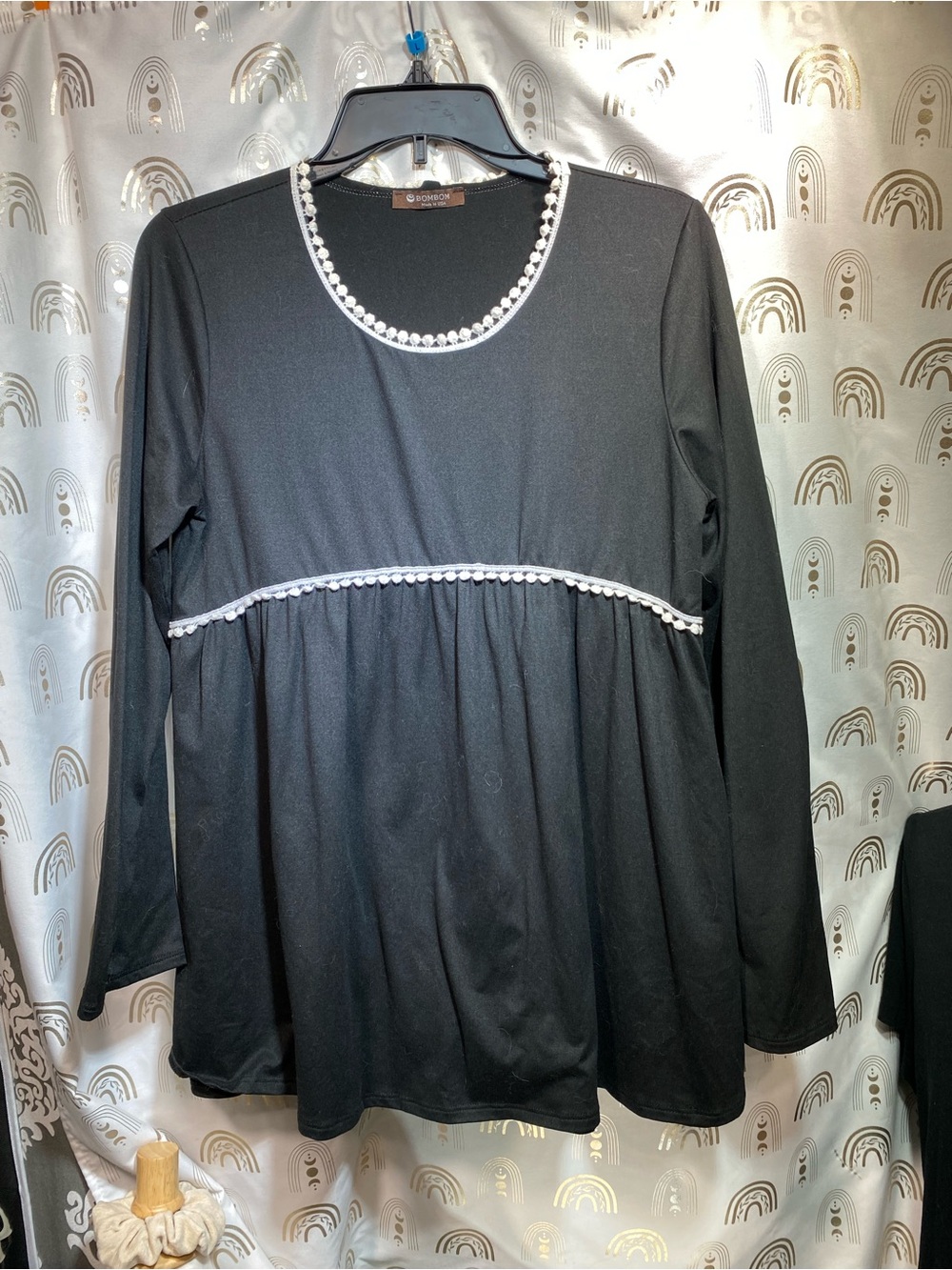 Women’s Black Long-Sleeve Peplum Blouse with White Trim